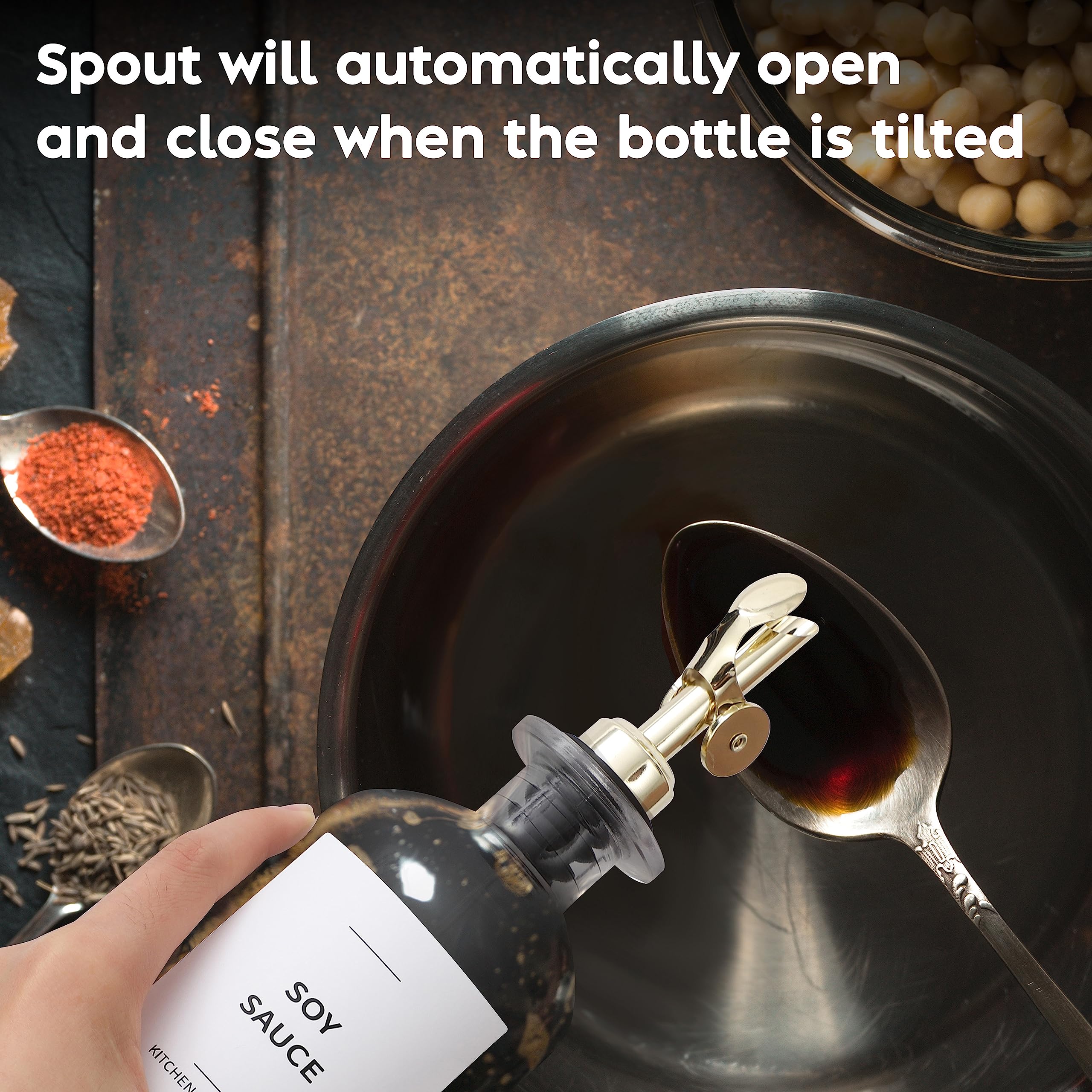 Two-pack spacing ideal for oil, vinegar, or syrup dispensing.