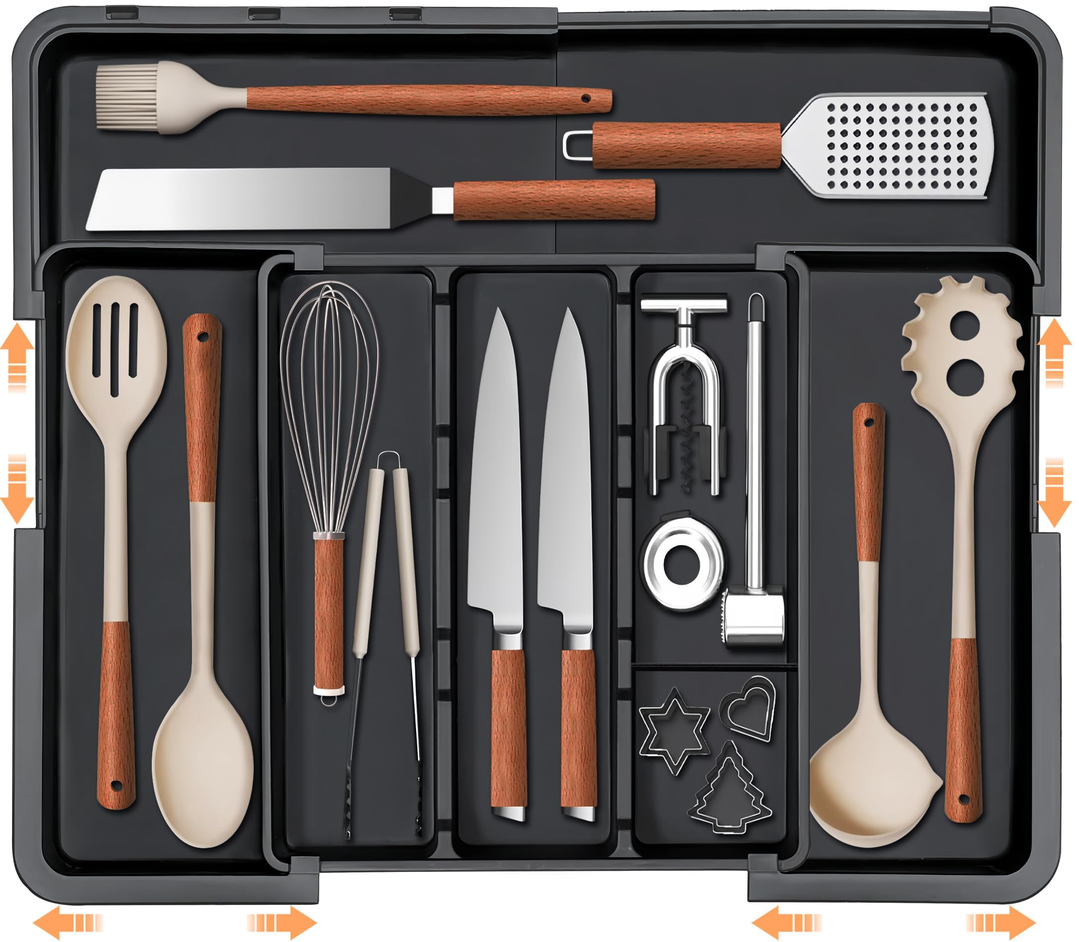 Spaclear expandable silverware drawer organizer fully expanded showing space efficiency