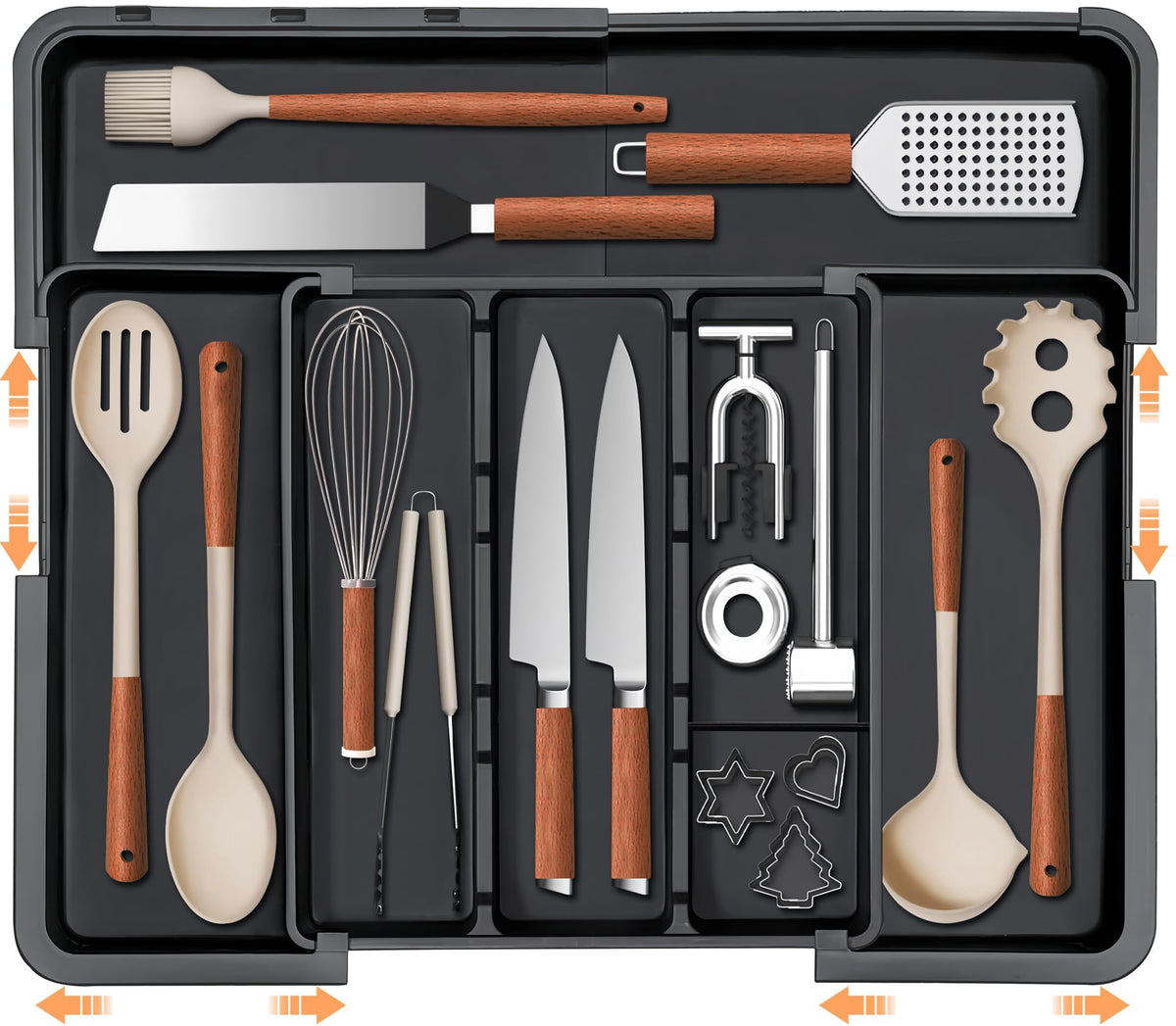 Spaclear expandable silverware drawer organizer fully expanded showing space efficiency