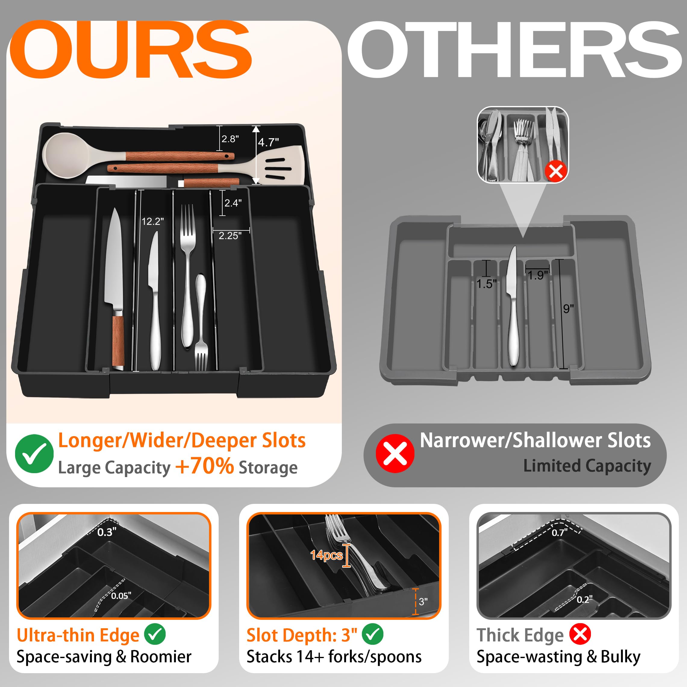 Curved grooves help quick access to utensils in the organizer.