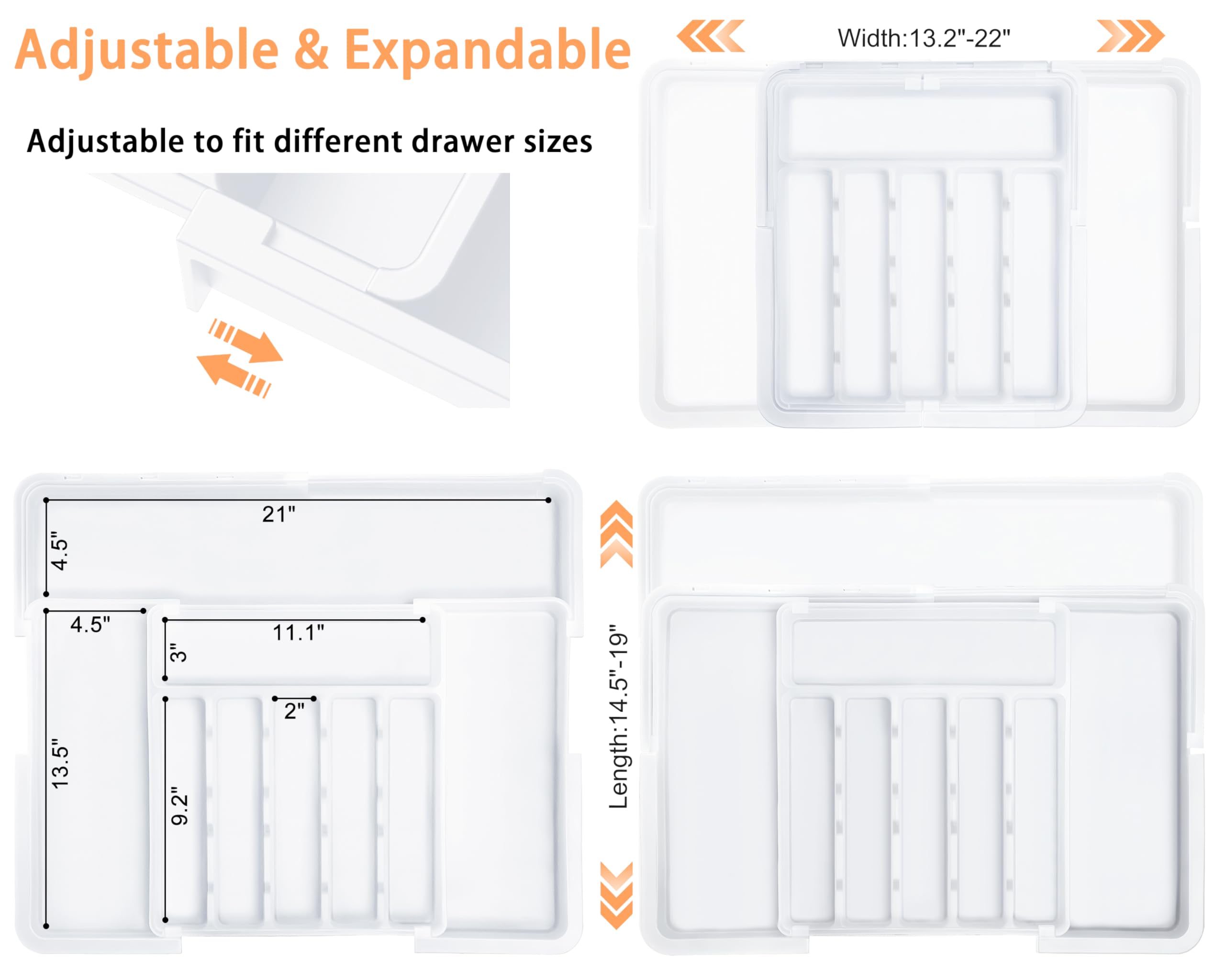 Spaclear drawer organizer showing 6-to-9 slot configuration for utensils.