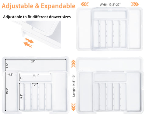Spaclear drawer organizer showing 6-to-9 slot configuration for utensils.