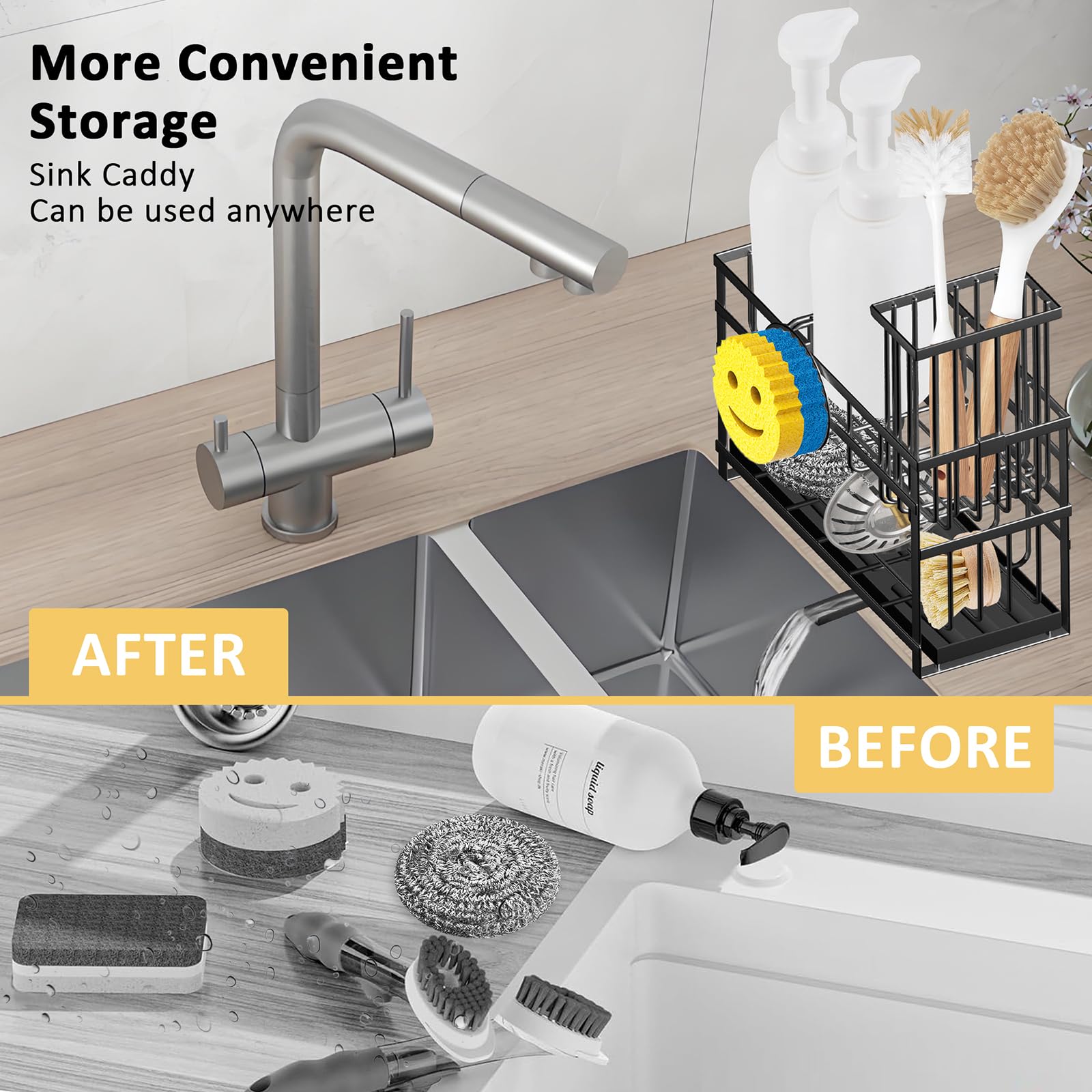 Spaclear sink caddy shows two-tier storage for bottles and brushes