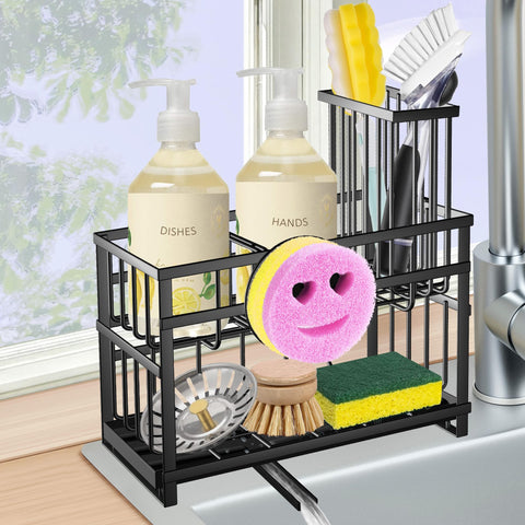 Spaclear sponge holder with rotatable spout directs water to the sink for a dry counter