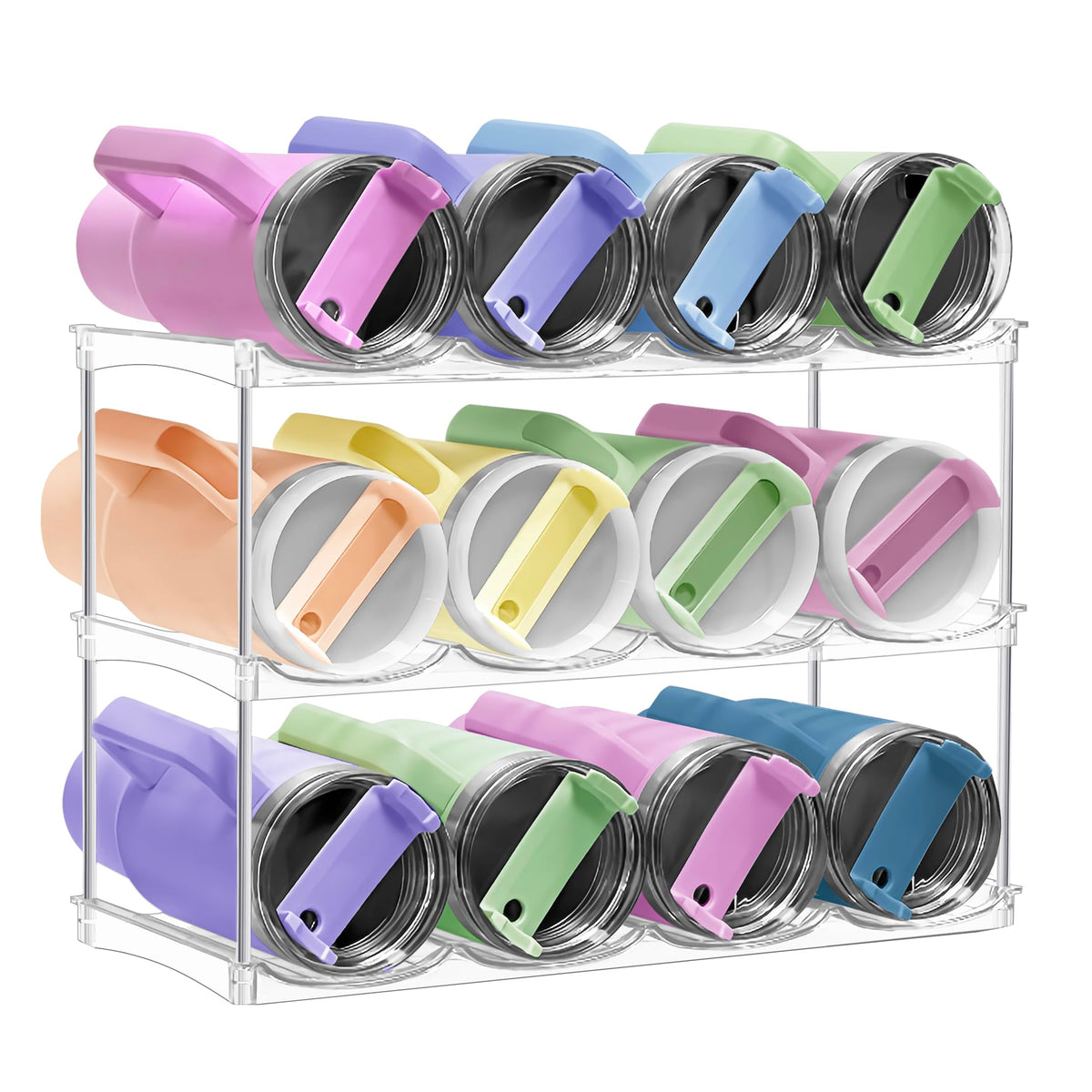 Spaclear stackable water bottle organizer fits cabinet shelves for easy access.