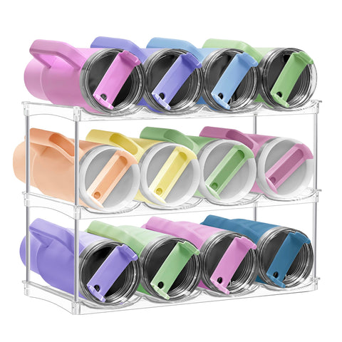 Spaclear stackable water bottle organizer fits cabinet shelves for easy access.