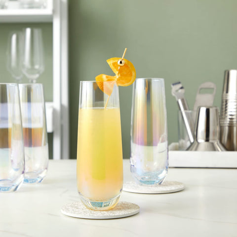 Sparkle and Bash iridescent stemless flute close-up highlights iridescent finish.