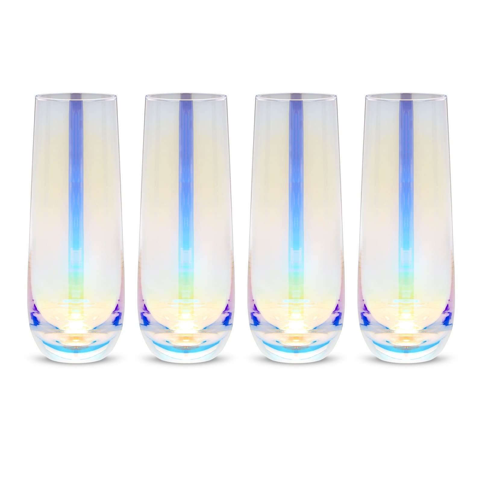 Sparkle and Bash iridescent stemless champagne flute durable glass for repeated celebrations.