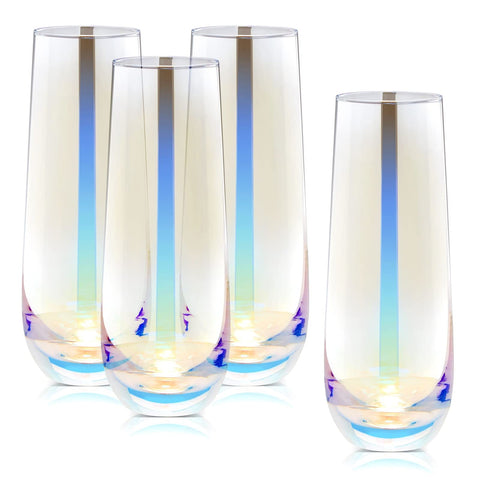 Sparkle and Bash iridescent stemless champagne flute front view for elegant toasts.