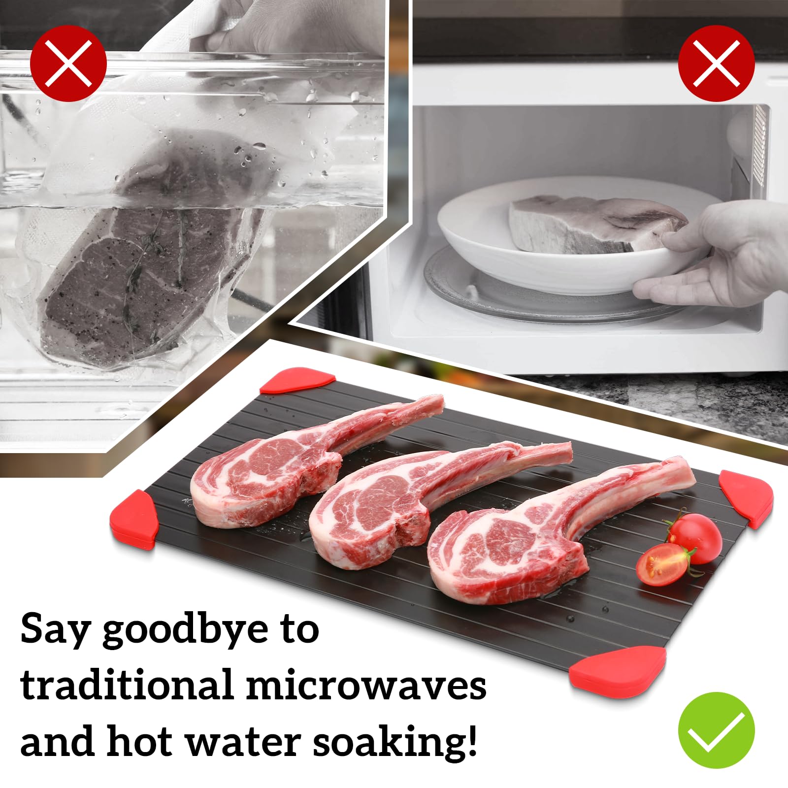 Spectabilis defrosting tray with silicone corners protects edges during use.