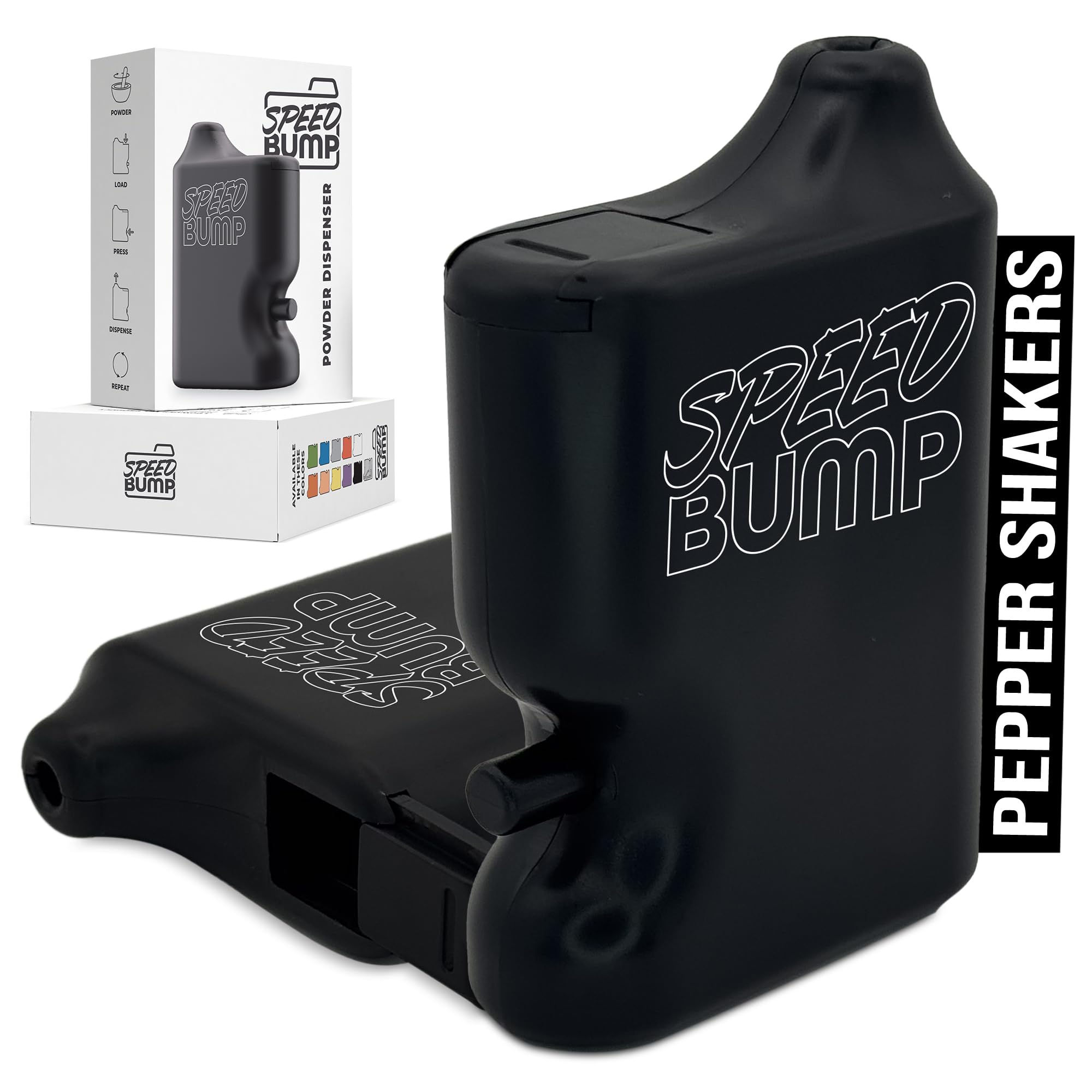 Speed Bump portable pepper shaker in black front view for on-the-go seasoning.