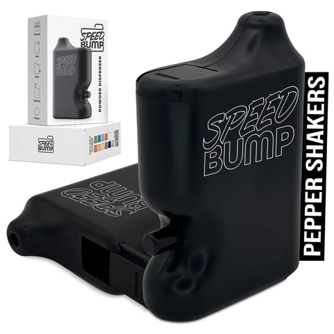 Speed Bump portable pepper shaker in black front view for on-the-go seasoning.