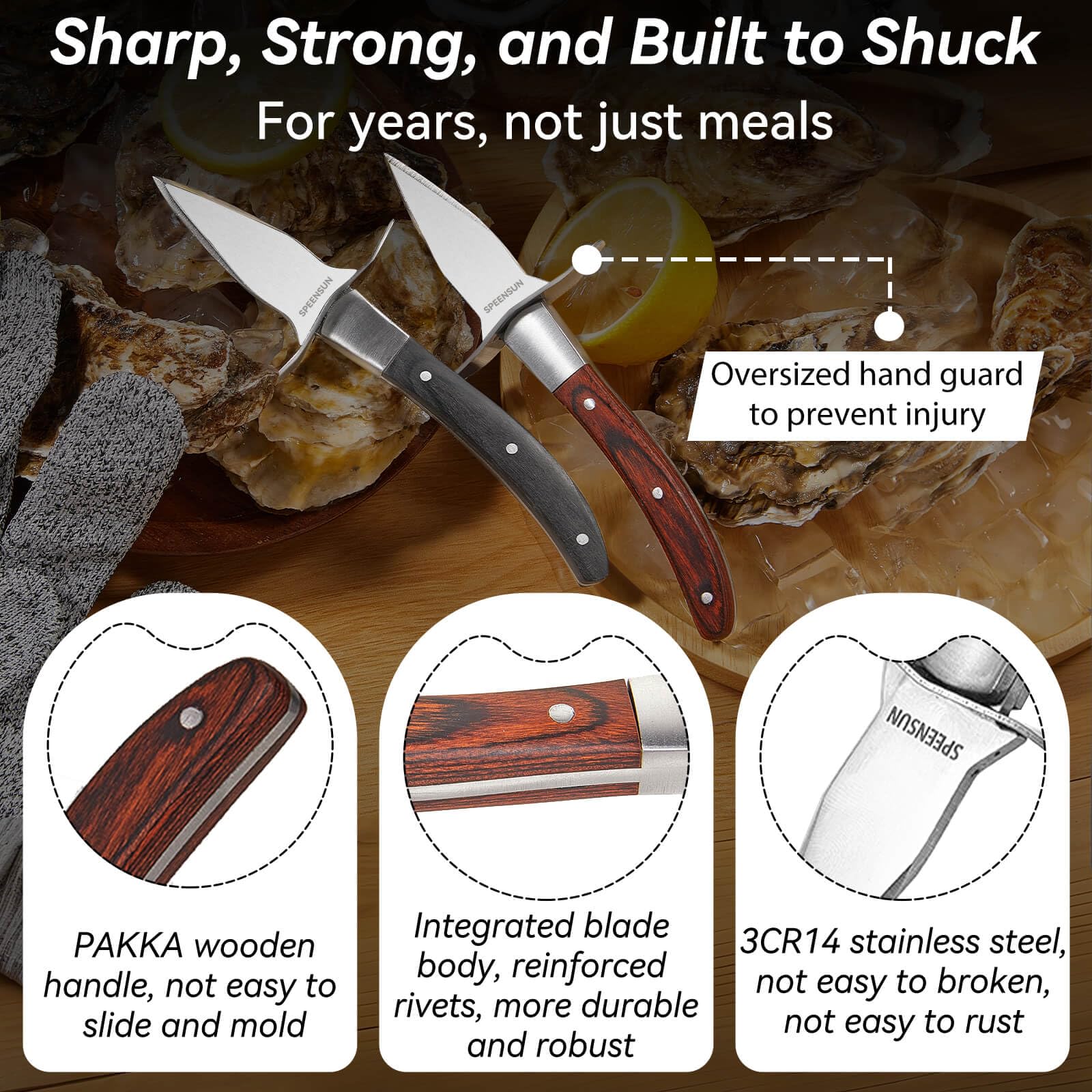 SPEENSUN oyster shucking knife handle with ergonomic wood grip for comfortable, wet-hand use