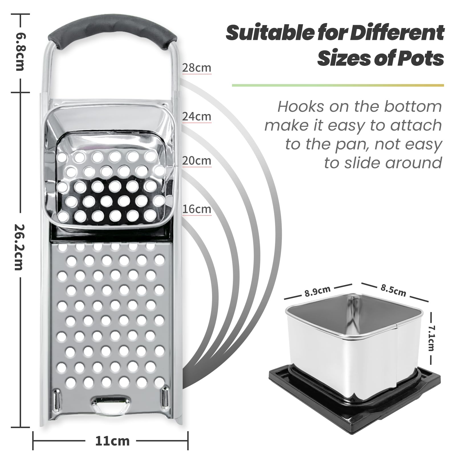 Speensun Spaetzle Maker pot-edge-hook stabilizes on pots up to 30 cm.
