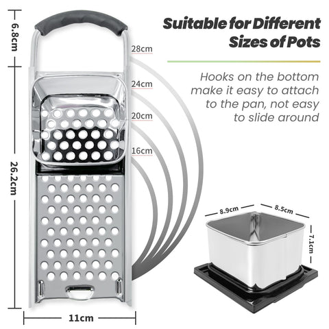 Speensun Spaetzle Maker pot-edge-hook stabilizes on pots up to 30 cm.