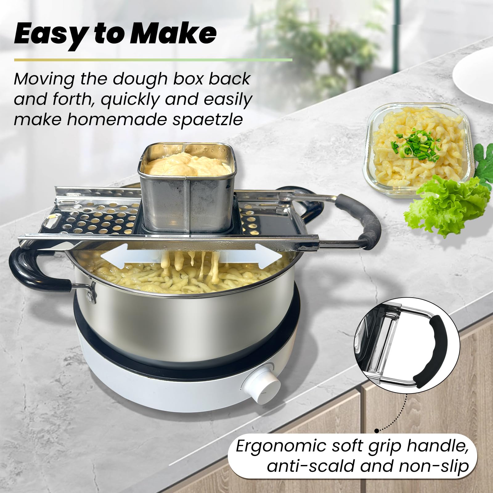 Speensun Spaetzle Maker slide ensures steady, even dough pressing.