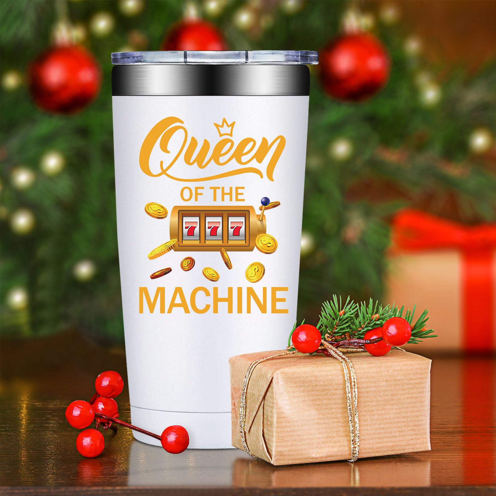 SpenMeta Queen of Machine tumbler with drink, hot and cold versatility shown.