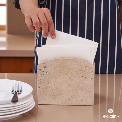 SPESHSTONES napkin holder on dining table enhances modern farmhouse setting.