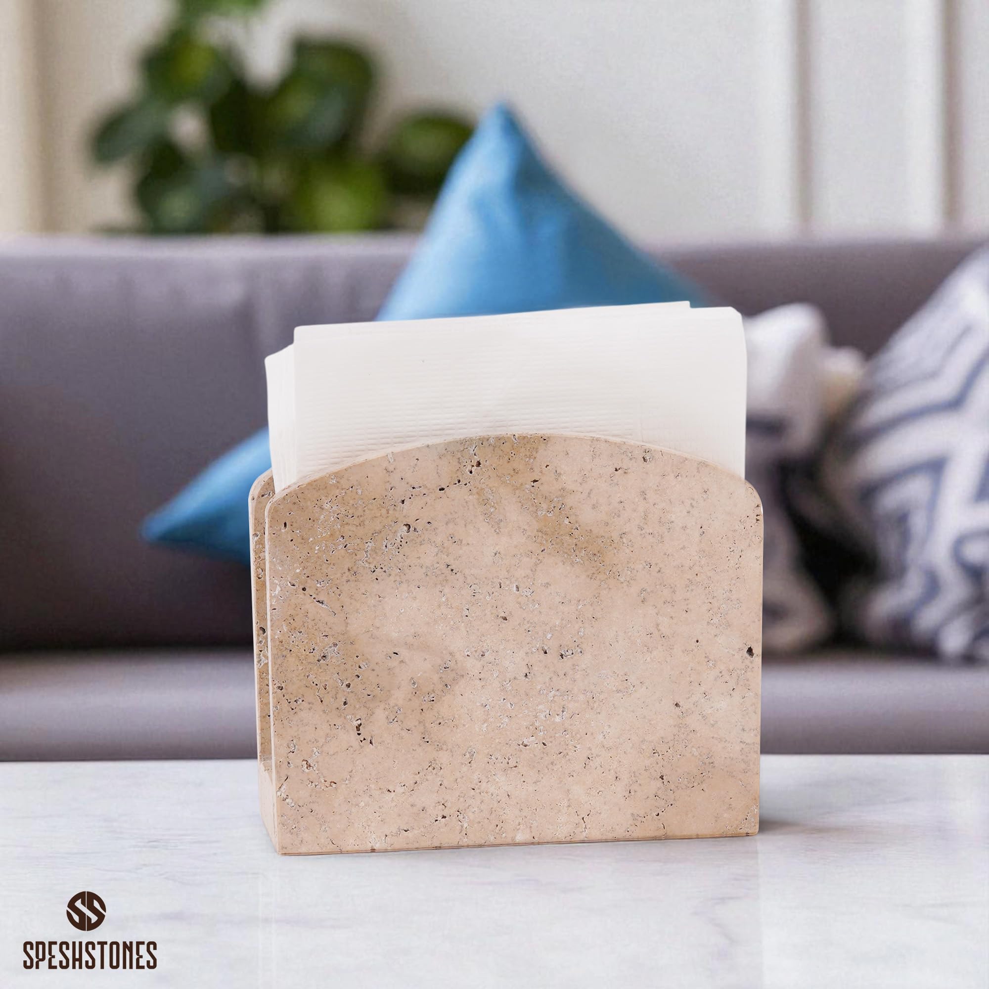 SPESHSTONES napkin holder on kitchen counter adds elegant, organized storage.