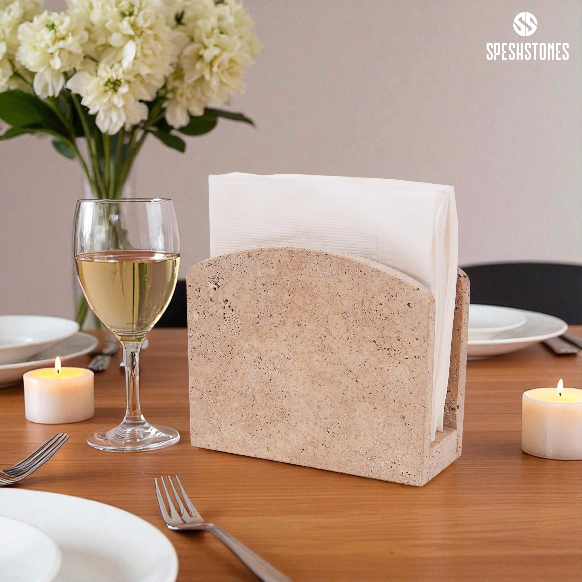 SPESHSTONES travertine napkin holder close-up highlights natural stone durability.