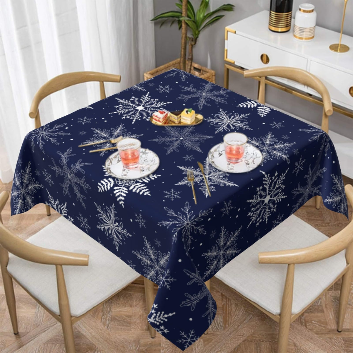 Sphragiyn winter tablecloth with blue snowflake pattern for festive dining