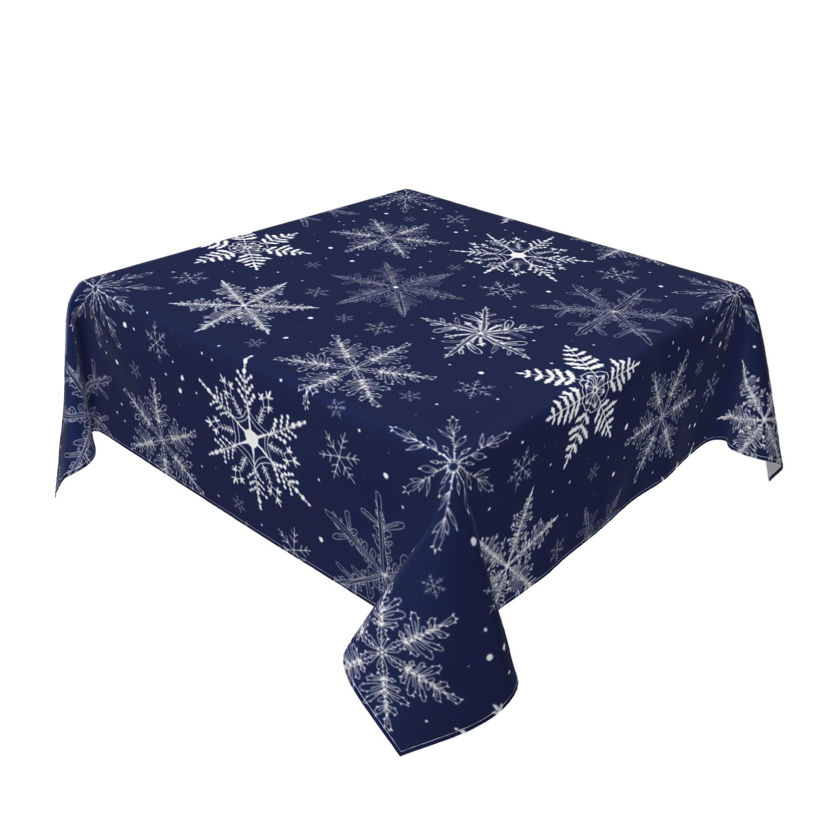 Sphragiyn tablecloth close-up showing blue snowflake design and smooth fabric