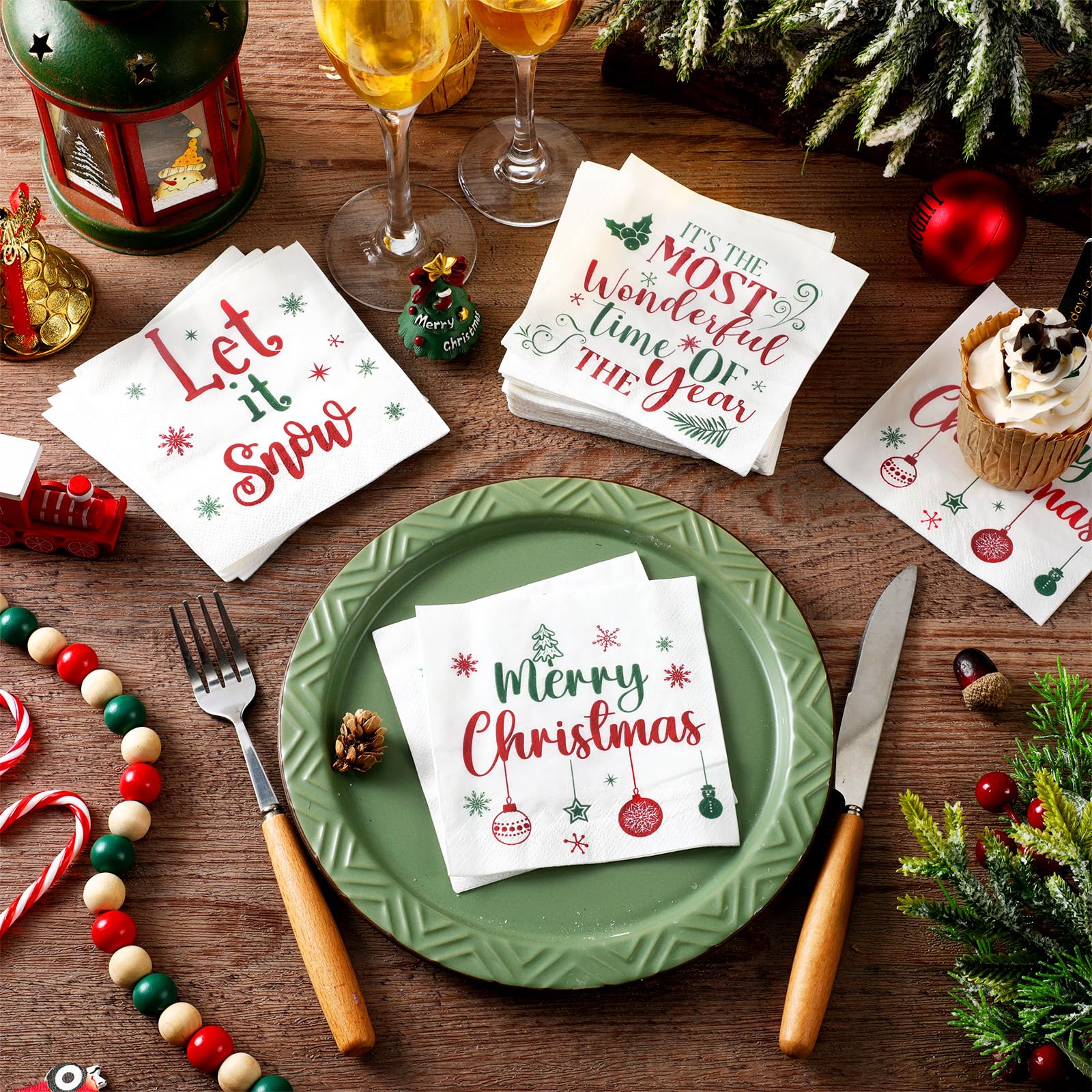 Spiareal napkins featuring Santa hat pattern add Christmas charm.