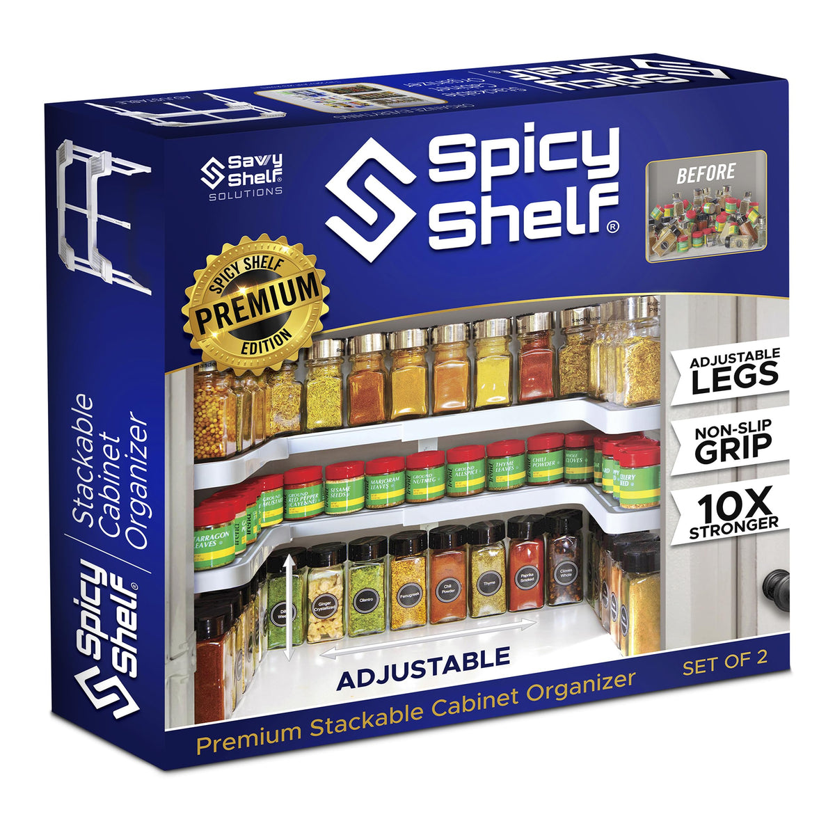 Spicy Shelf 3.0 expandable two-tier spice rack showing organized spice bottles.