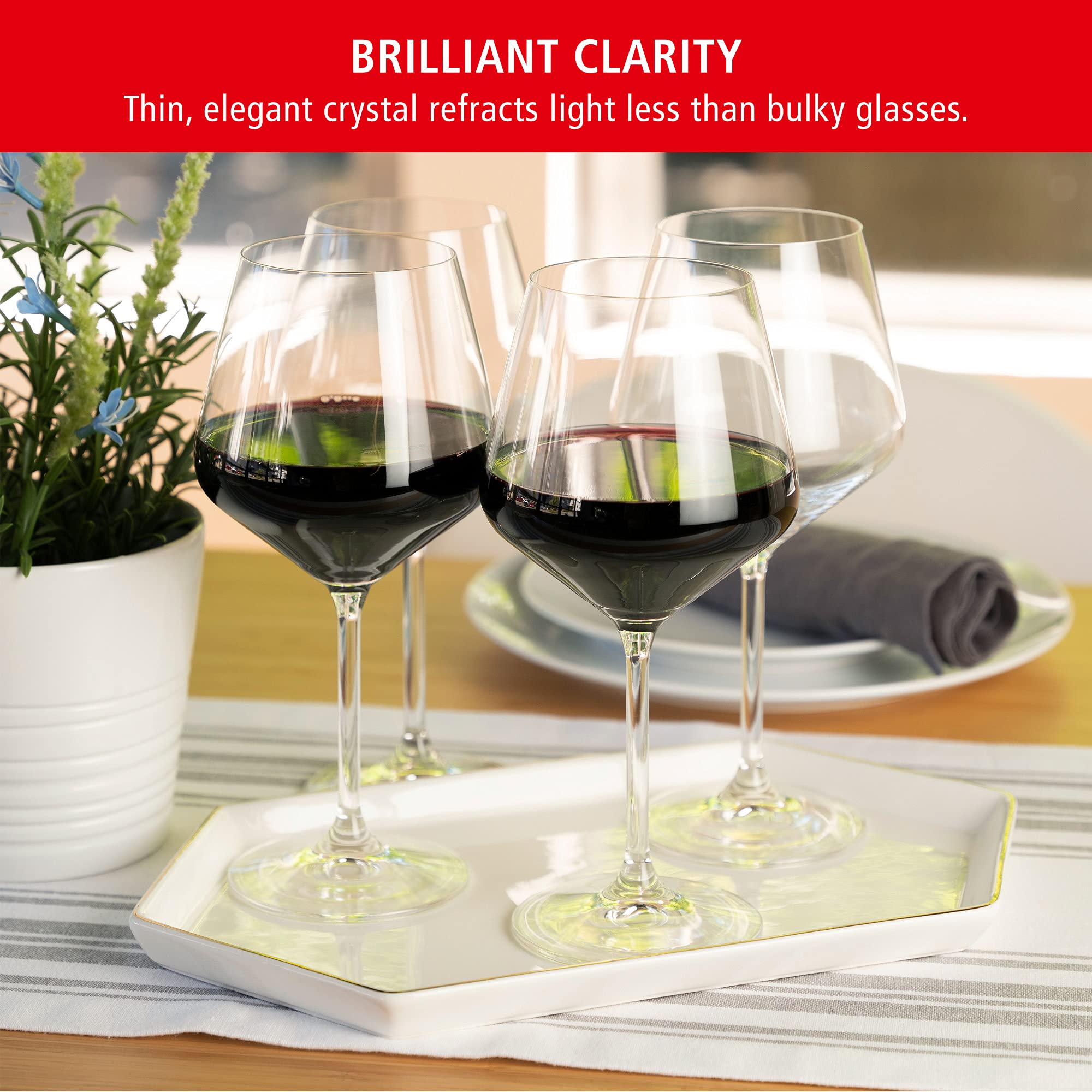 Spiegelau Style Burgundy stemmed silhouette adds elegance to bar carts.