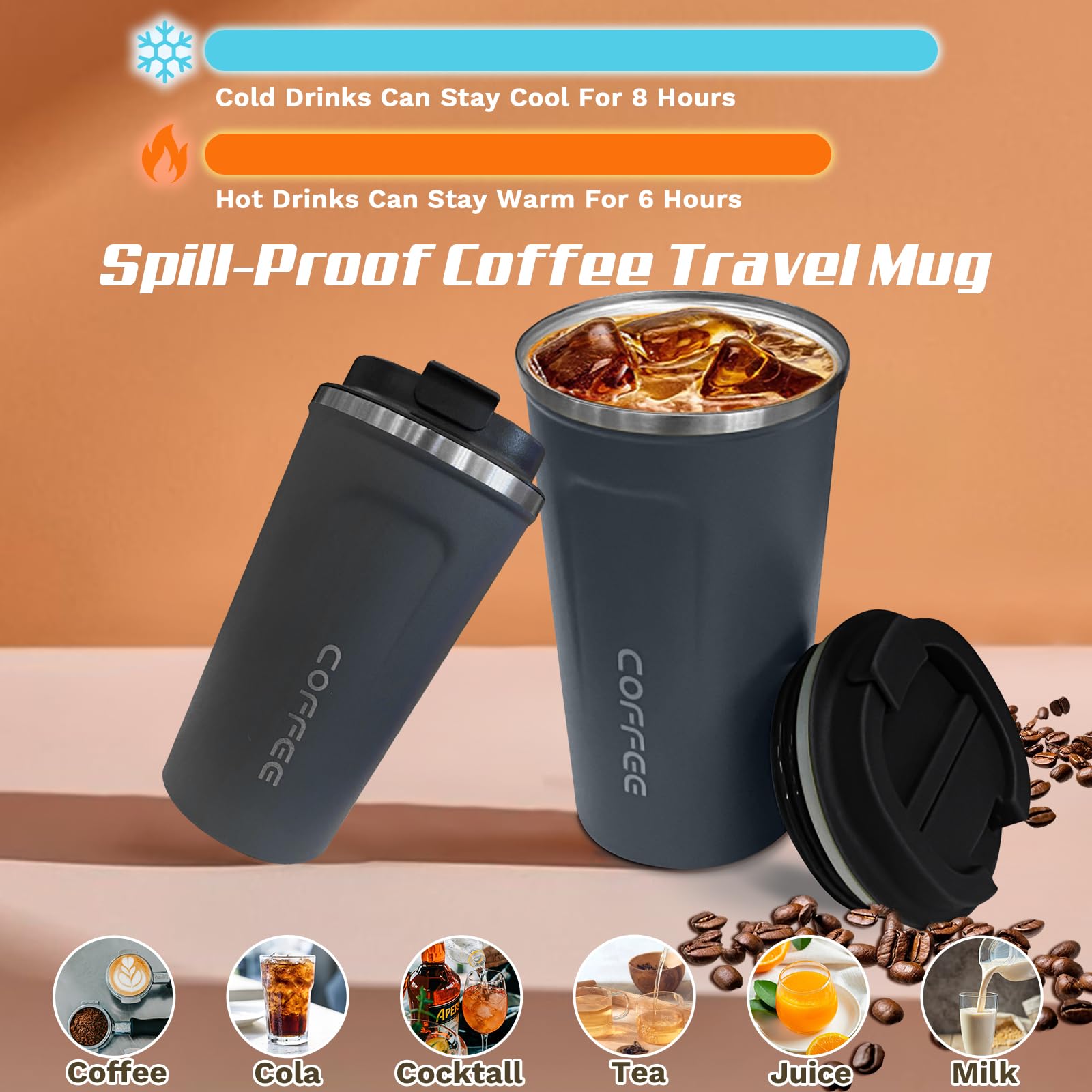 SPLMIFA insulated travel mug keeps drinks hot or cold for hours.