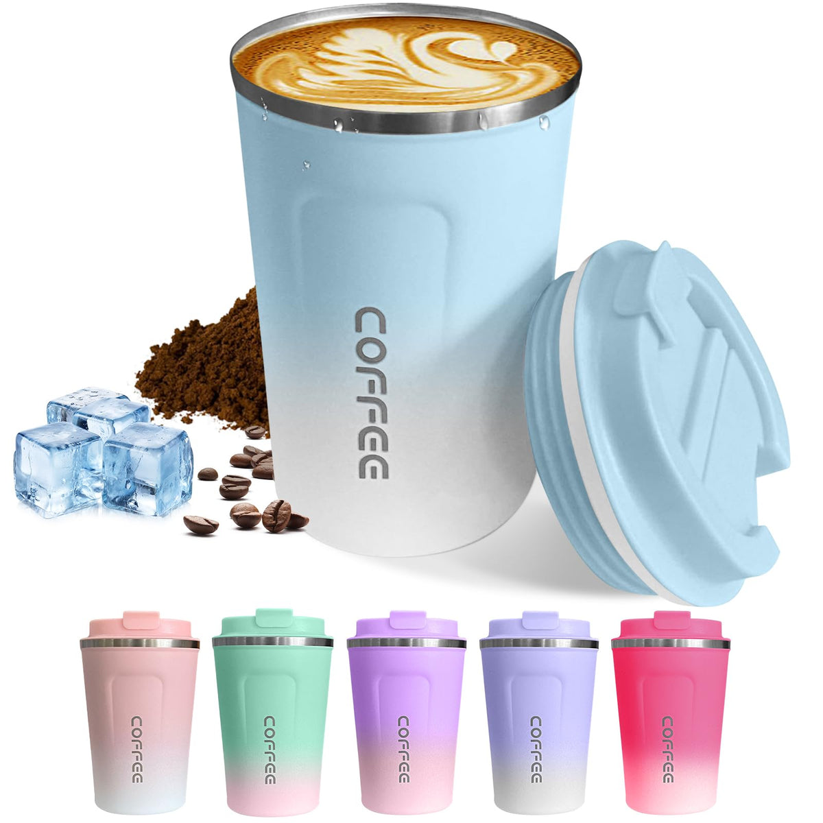 SPLMIFA travel mug in blue and white keeps drinks hot or cold on the go