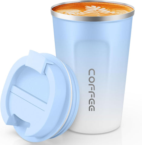 SPLMIFA travel mug 17oz blue and white, ready for hot beverages on the go.