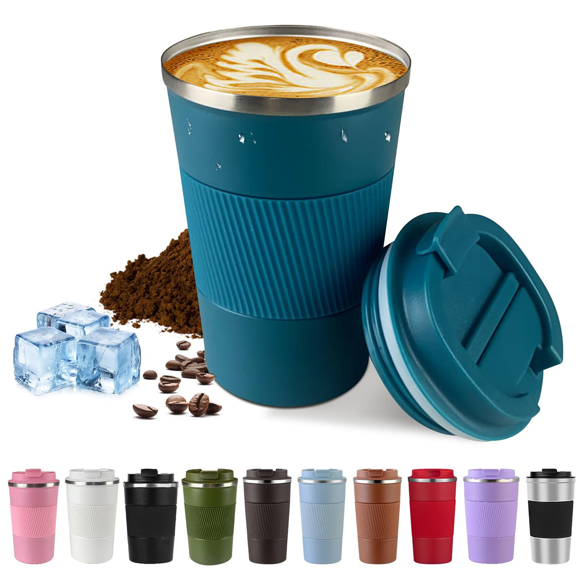 SPLMIFA vacuum-insulated mug in blue front view keeps drinks hot or cold on the go.