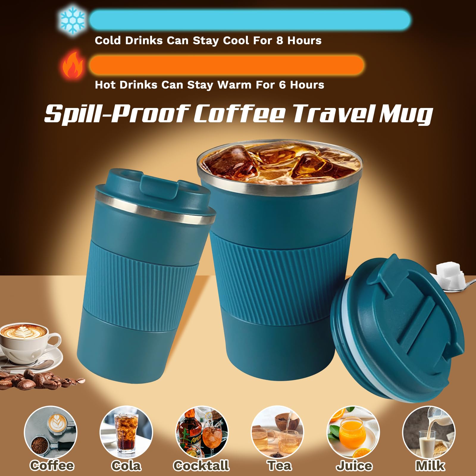 SPLMIFA blue mug with lid open shows wide mouth for easy cleaning and ice addition.