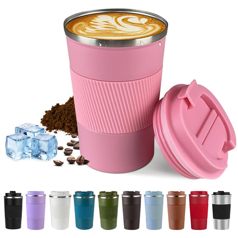 SPLMIFA vacuum insulated mug in pink 12oz keeps drinks hot or cold on the go.