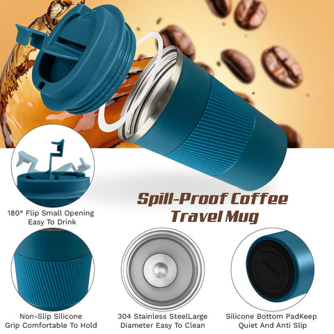 SPLMIFA blue mug with silicone sleeve offers a secure, non-slip grip.