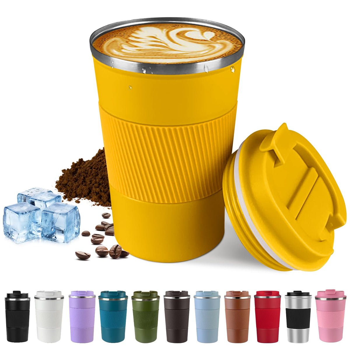 SPLMIFA yellow vacuum insulated travel mug keeps drinks hot or cold on the go.