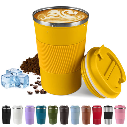 SPLMIFA yellow vacuum insulated travel mug keeps drinks hot or cold on the go.