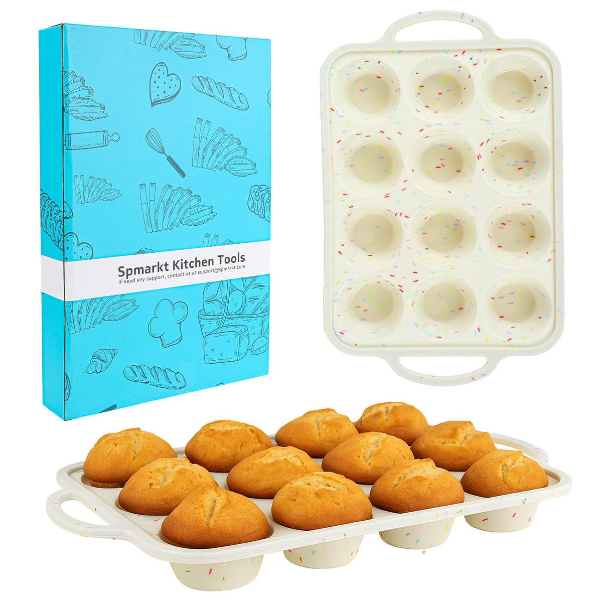 Spmarkt 12-cup silicone cupcake pan for even baking and easy release.