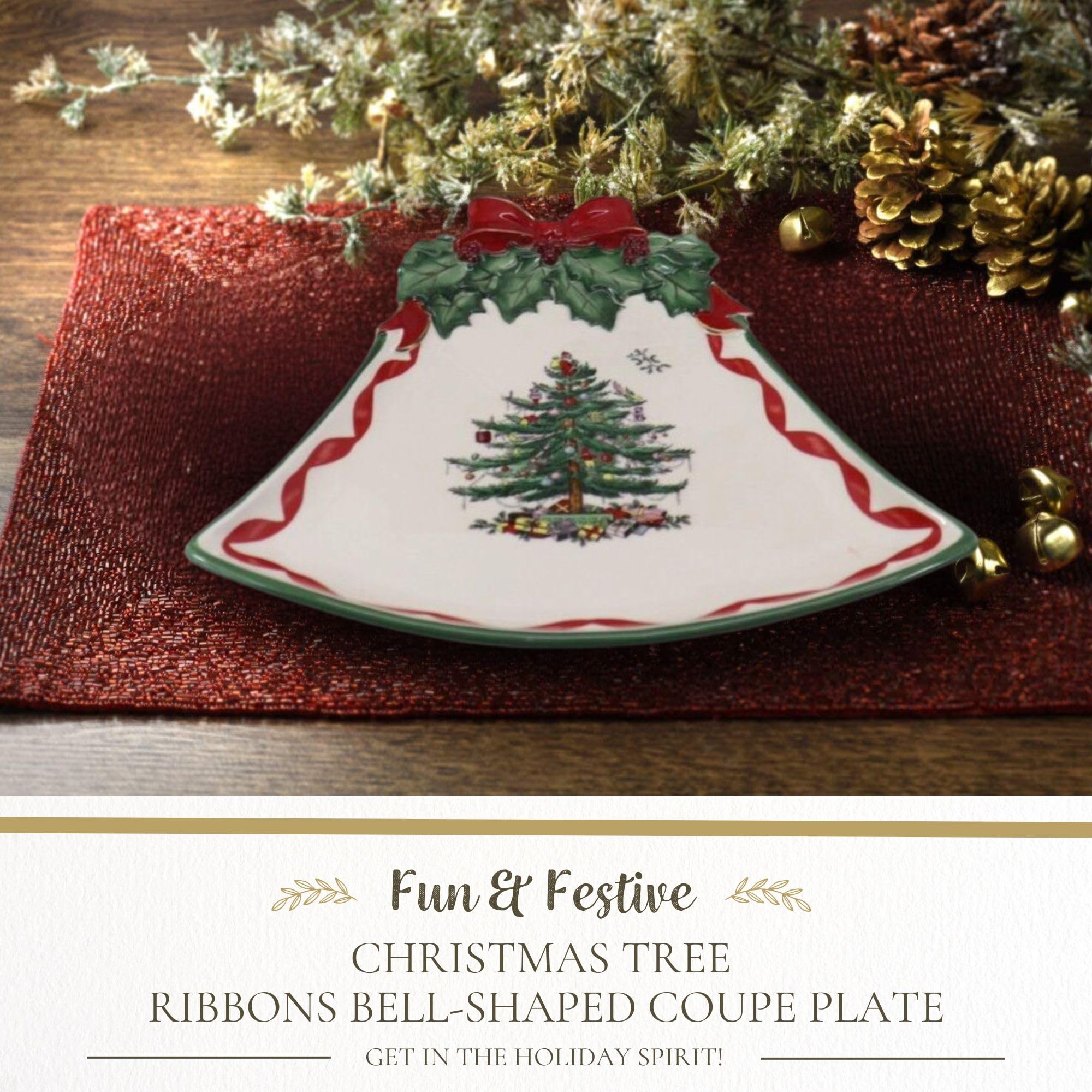 Spode bell-shaped coupe plate close-up shows Christmas tree motif and mistletoe detail.