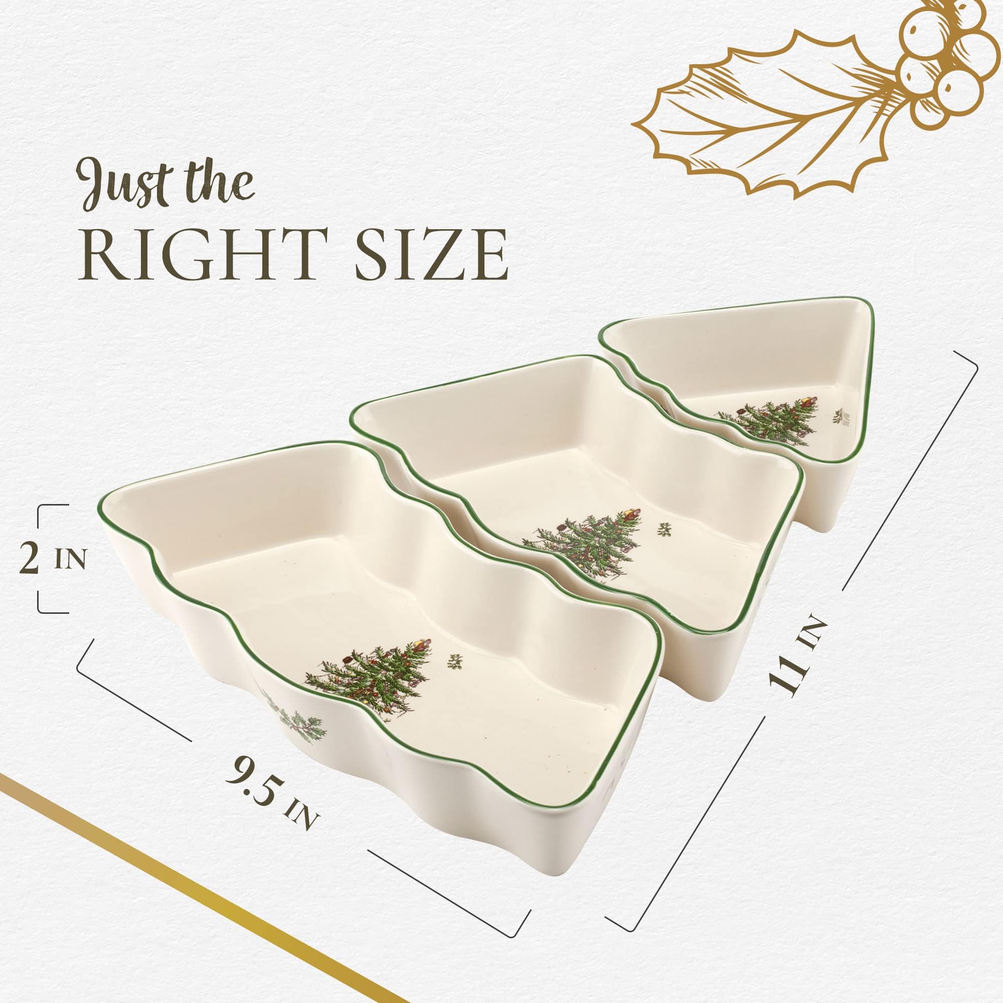 Spode Christmas Tree salsa bowls on a holiday table for dipping and sharing.