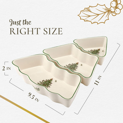 Spode Christmas Tree salsa bowls on a holiday table for dipping and sharing.