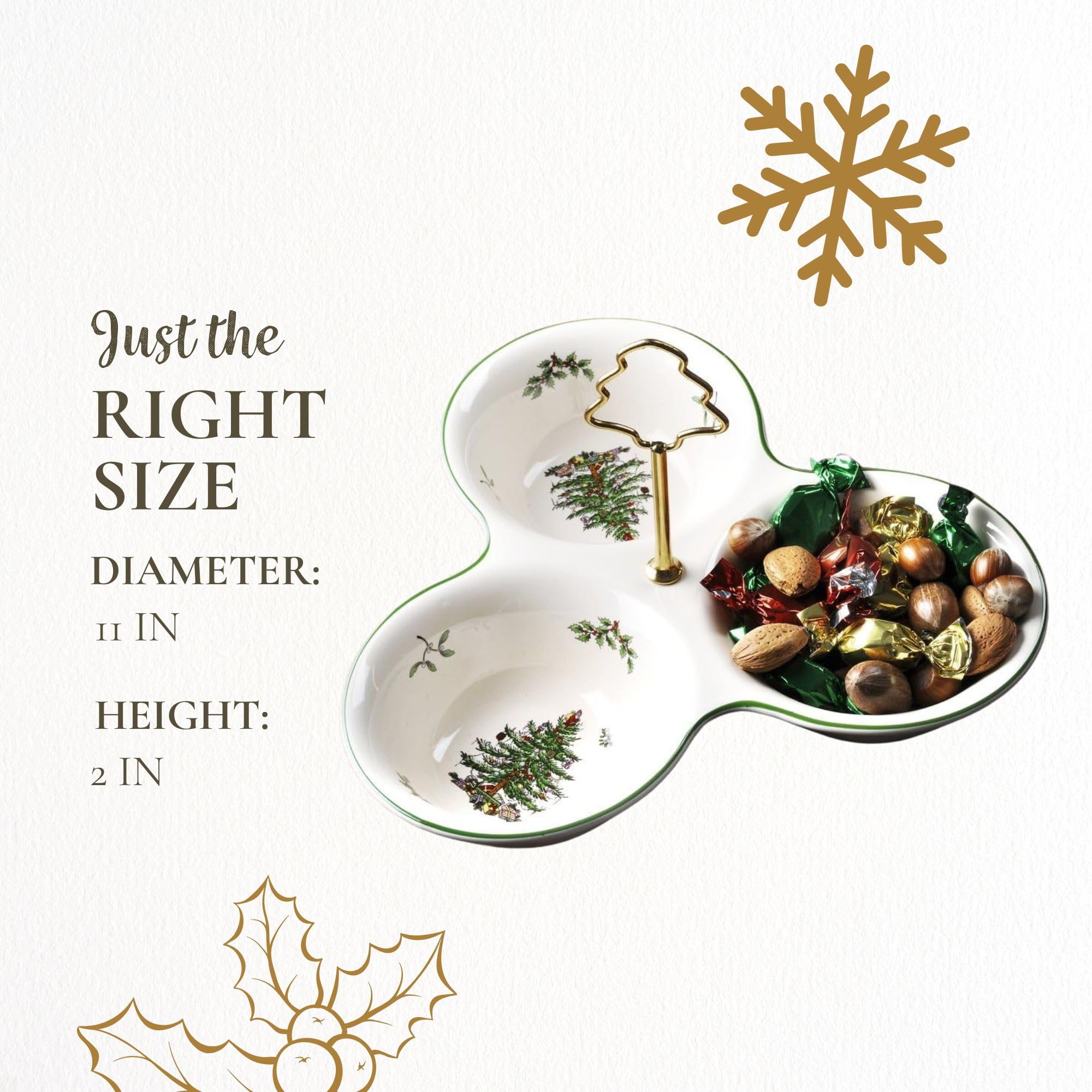 Spode Christmas Tree 3 Section Server pairs with other tree-themed tableware for cohesive seasonal tables.