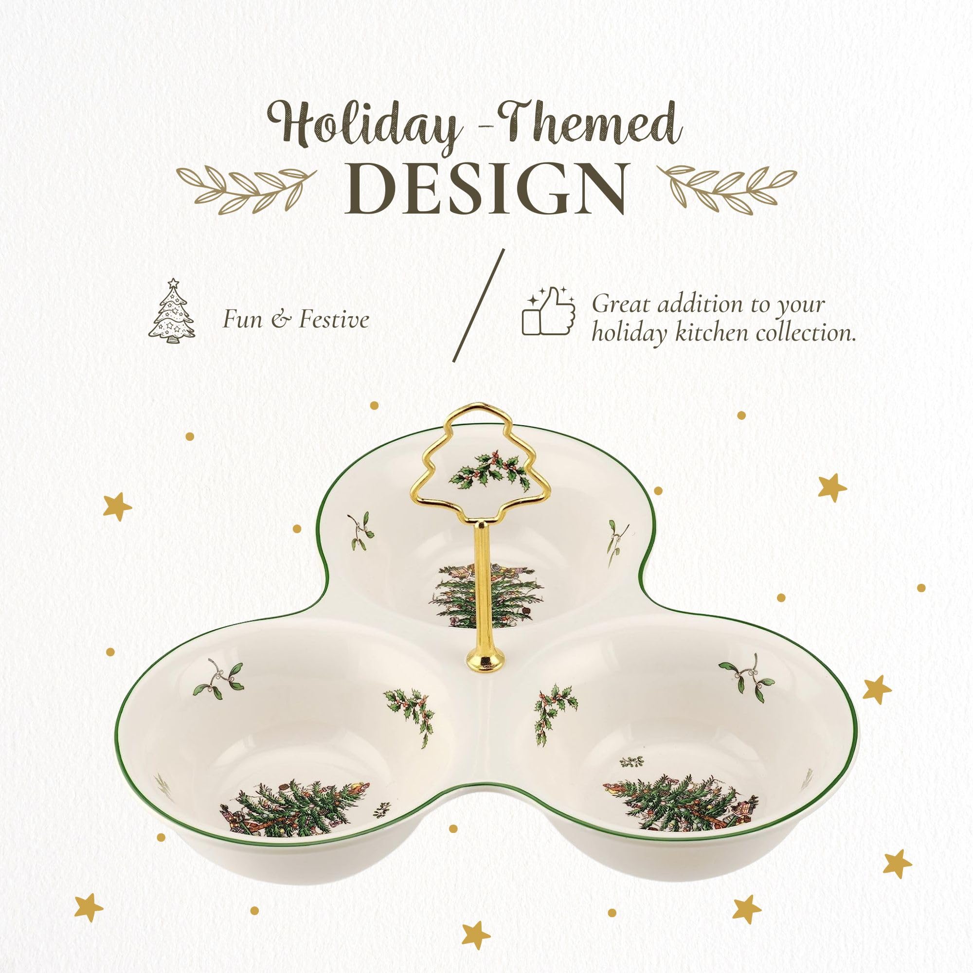 Spode Christmas Tree 3 Section Server shaped tree handle adds festive flair while easy to carry.