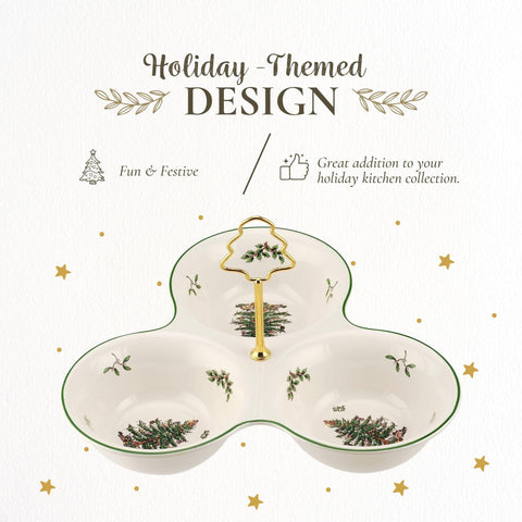 Spode Christmas Tree 3 Section Server shaped tree handle adds festive flair while easy to carry.