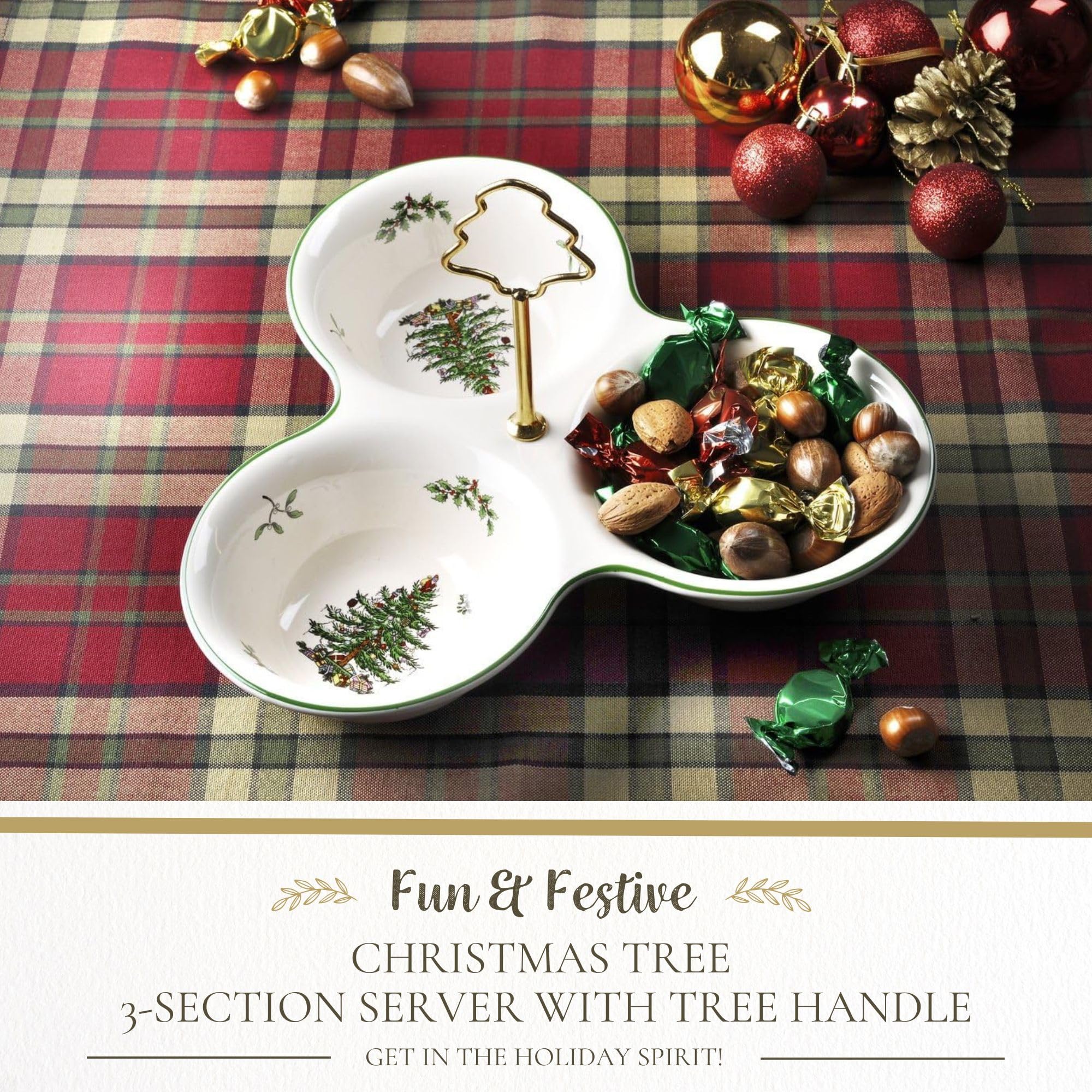 Spode Christmas Tree 3 Section Server side compartments, keeps condiments organized during holiday gatherings.