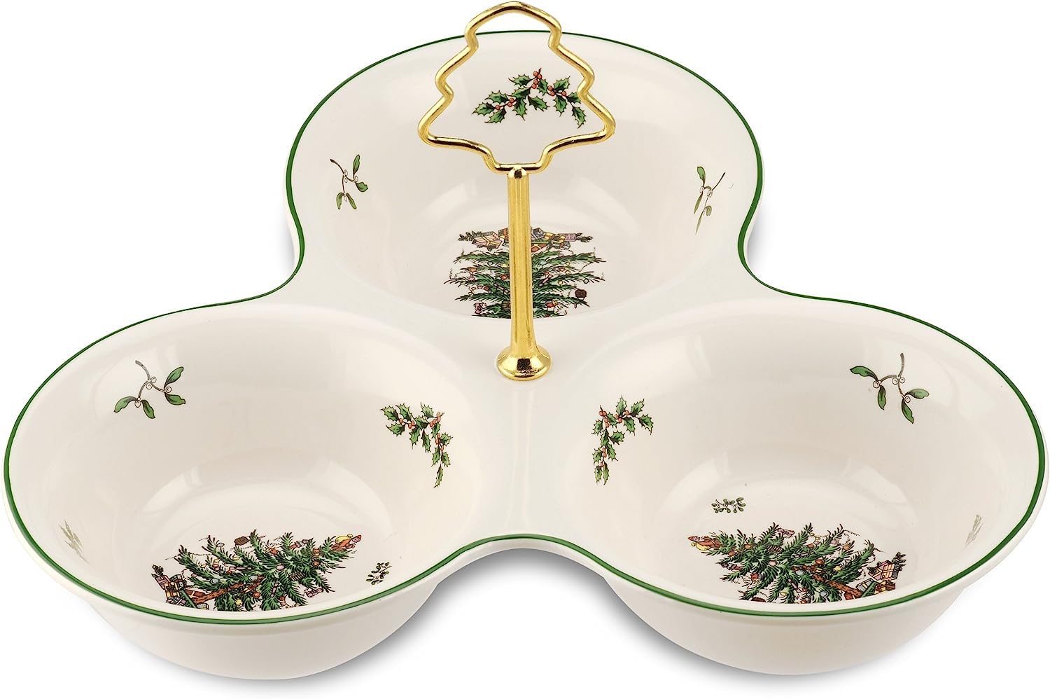 Spode Christmas Tree 3 Section Server with tree handle on table, ideal for festive nut and candy presentation.