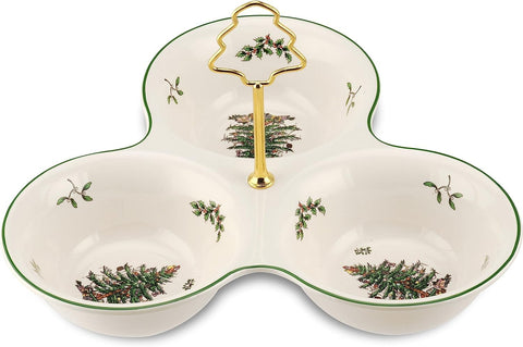 Spode Christmas Tree 3 Section Server with tree handle on table, ideal for festive nut and candy presentation.