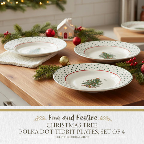 Spode tidbit plates shown with appetizers, showcasing compact 6-inch size.