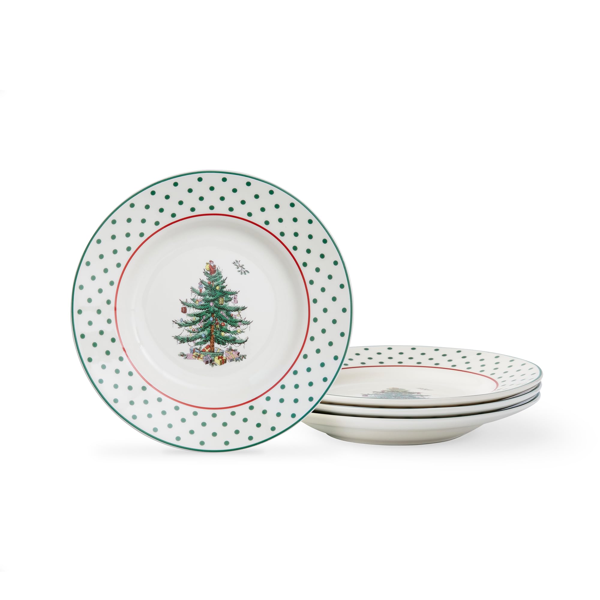 Spode Christmas Tree tidbit plates with border detail, ideal for festive hors d'oeuvres.